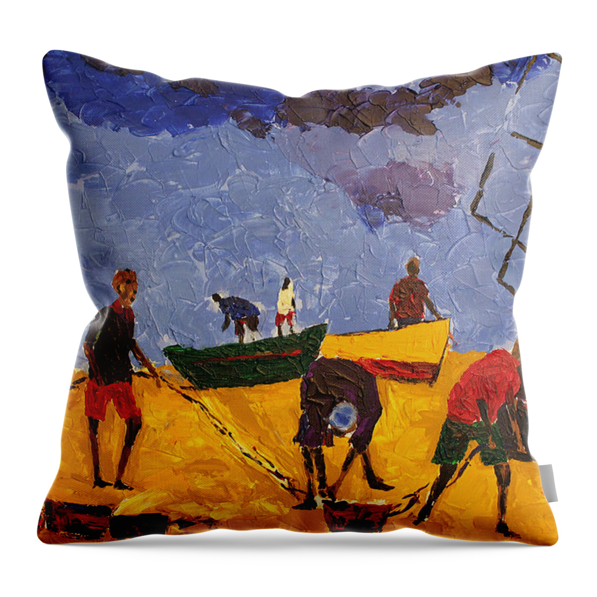 African Art Throw Pillow featuring the painting Preparing For The Catch by Tarizai Munsvhenga