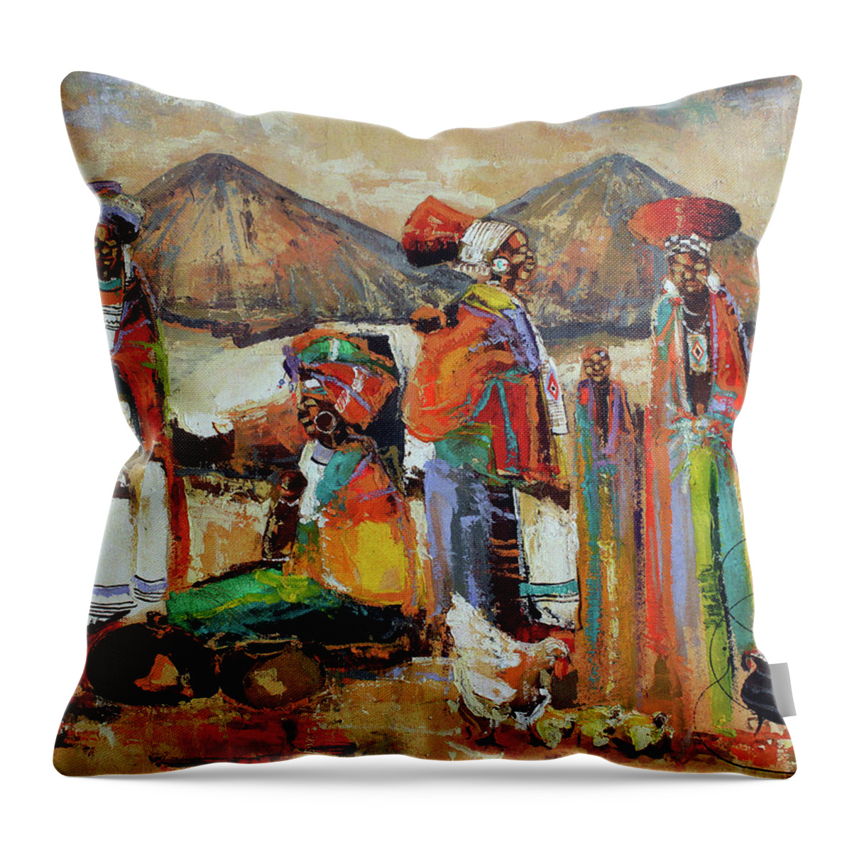 Nni Throw Pillow featuring the painting Preparing The Feast by Ndabuko Ntuli