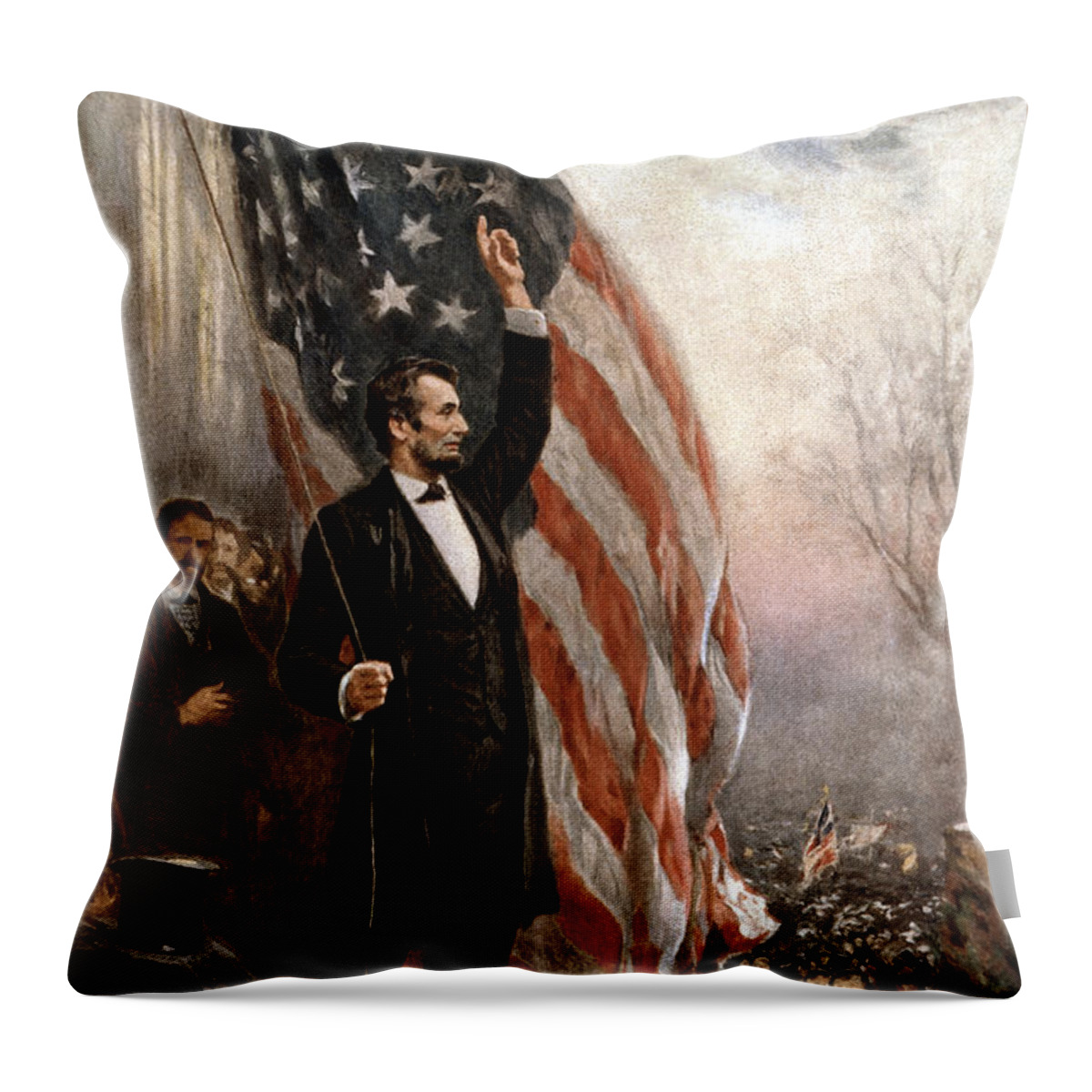 Abraham Lincoln Throw Pillow featuring the painting President Abraham Lincoln Giving A Speech by War Is Hell Store