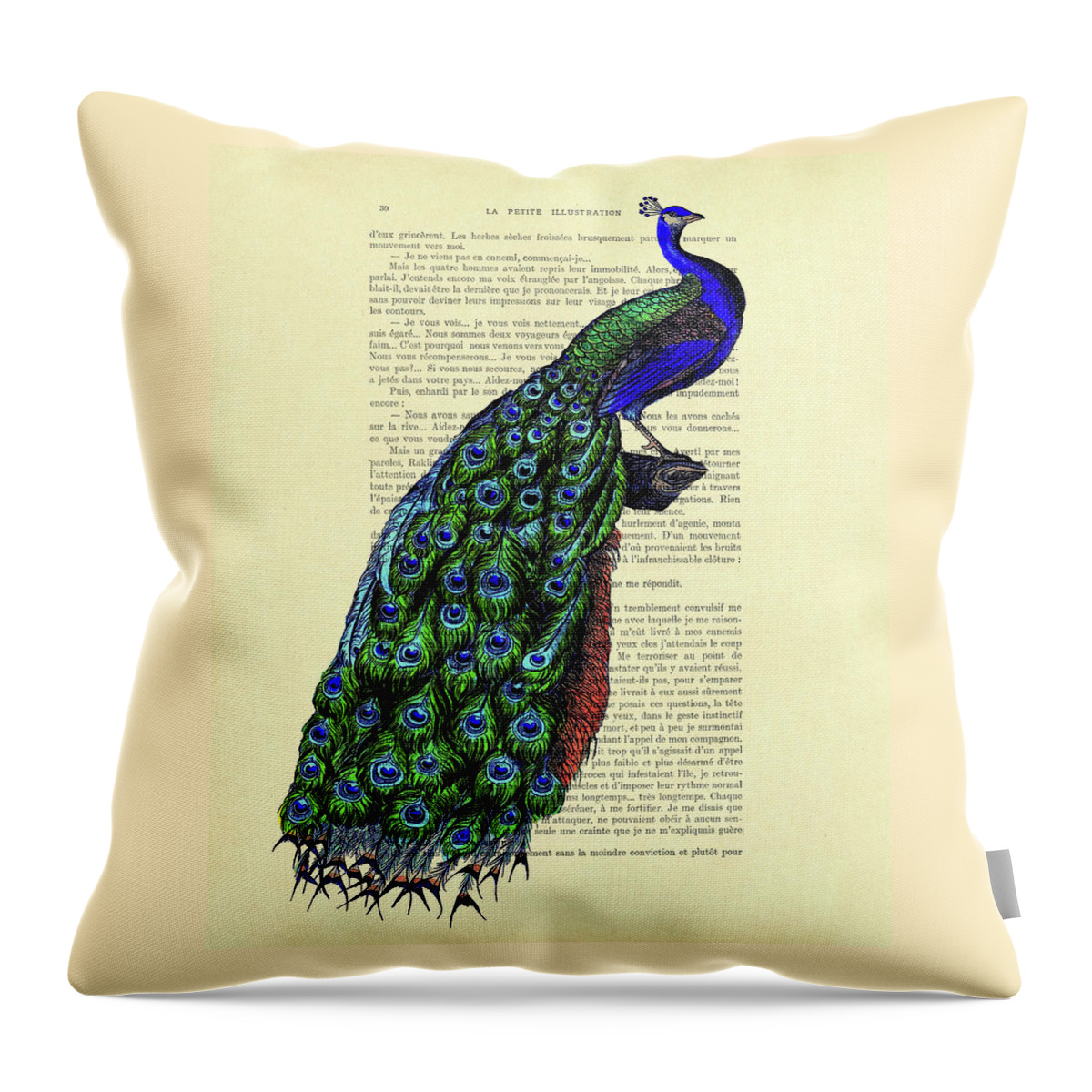 Peacock Throw Pillow featuring the mixed media Proud peacock on branch by Madame Memento