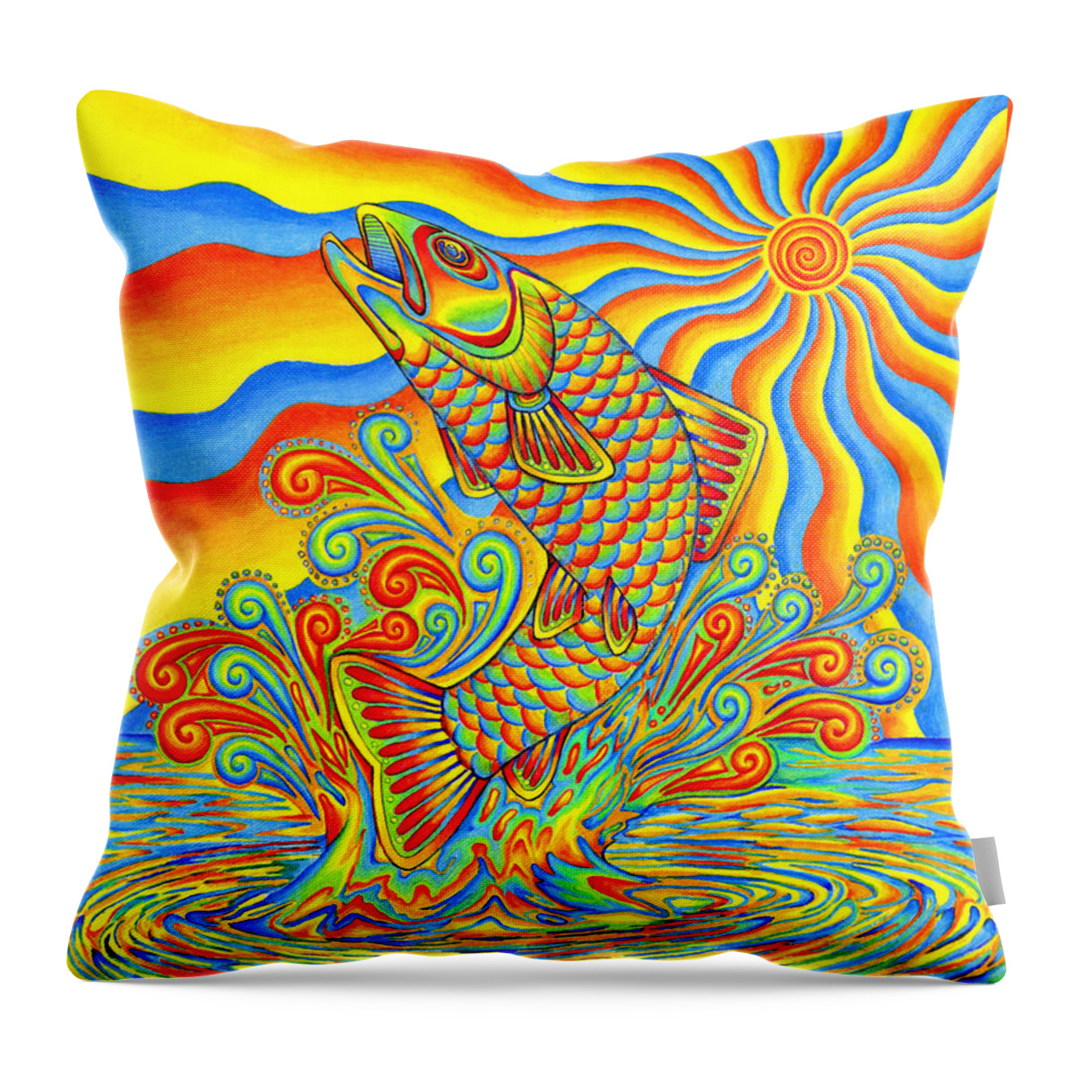 Psychedelic Throw Pillow featuring the drawing Psychedelic Rainbow Trout Fish by Rebecca Wang