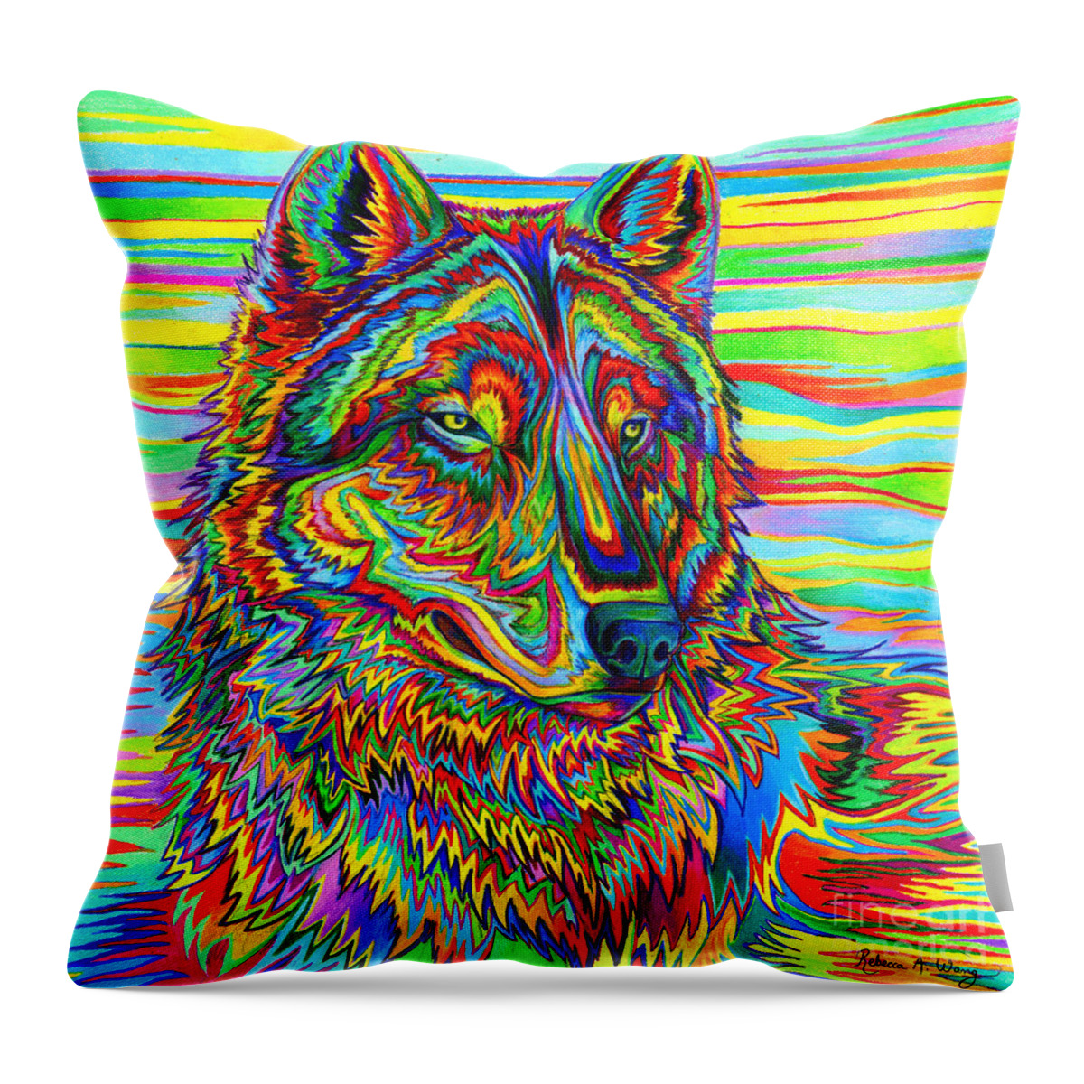 Psychedelic Throw Pillow featuring the drawing Psychedelic Wolf by Rebecca Wang