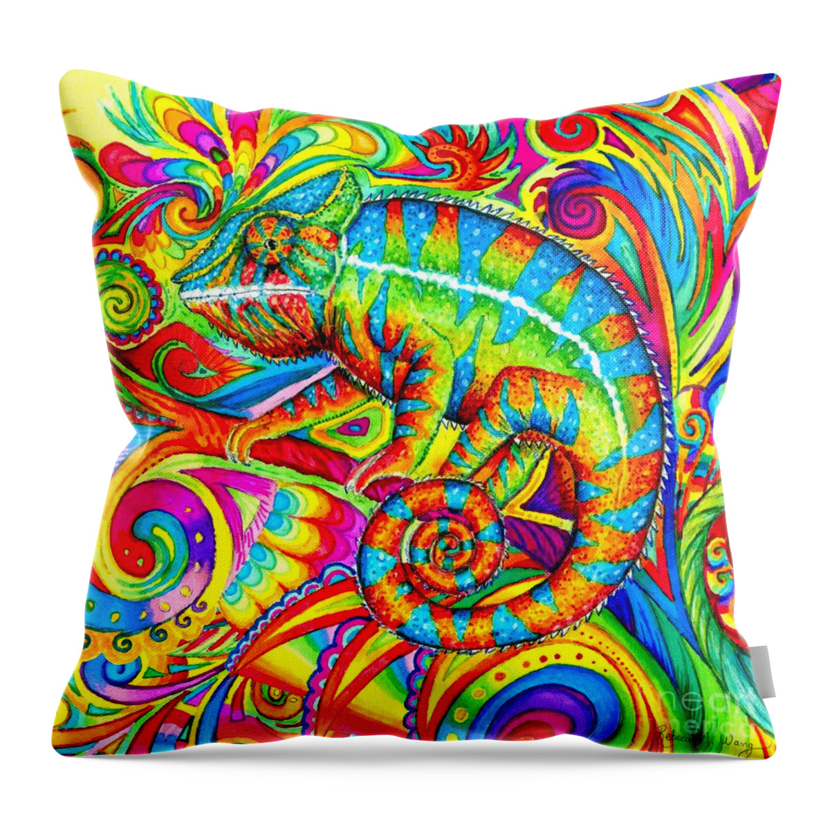 Chameleon Throw Pillow featuring the drawing Psychedelizard - Psychedelic Rainbow Chameleon by Rebecca Wang