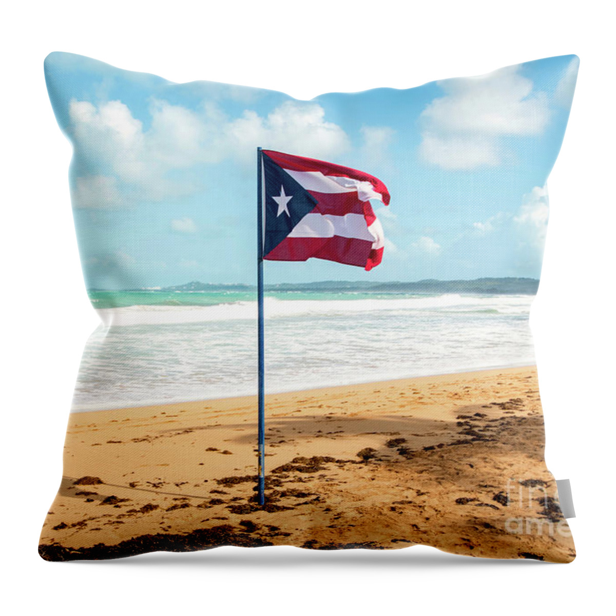Puerto Throw Pillow featuring the photograph Puerto Rican Flag on the Beach, Pinones, Puerto Rico by Beachtown Views