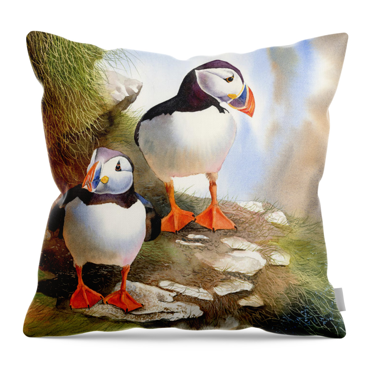 Puffins Throw Pillow featuring the painting Puffins by Espero Art