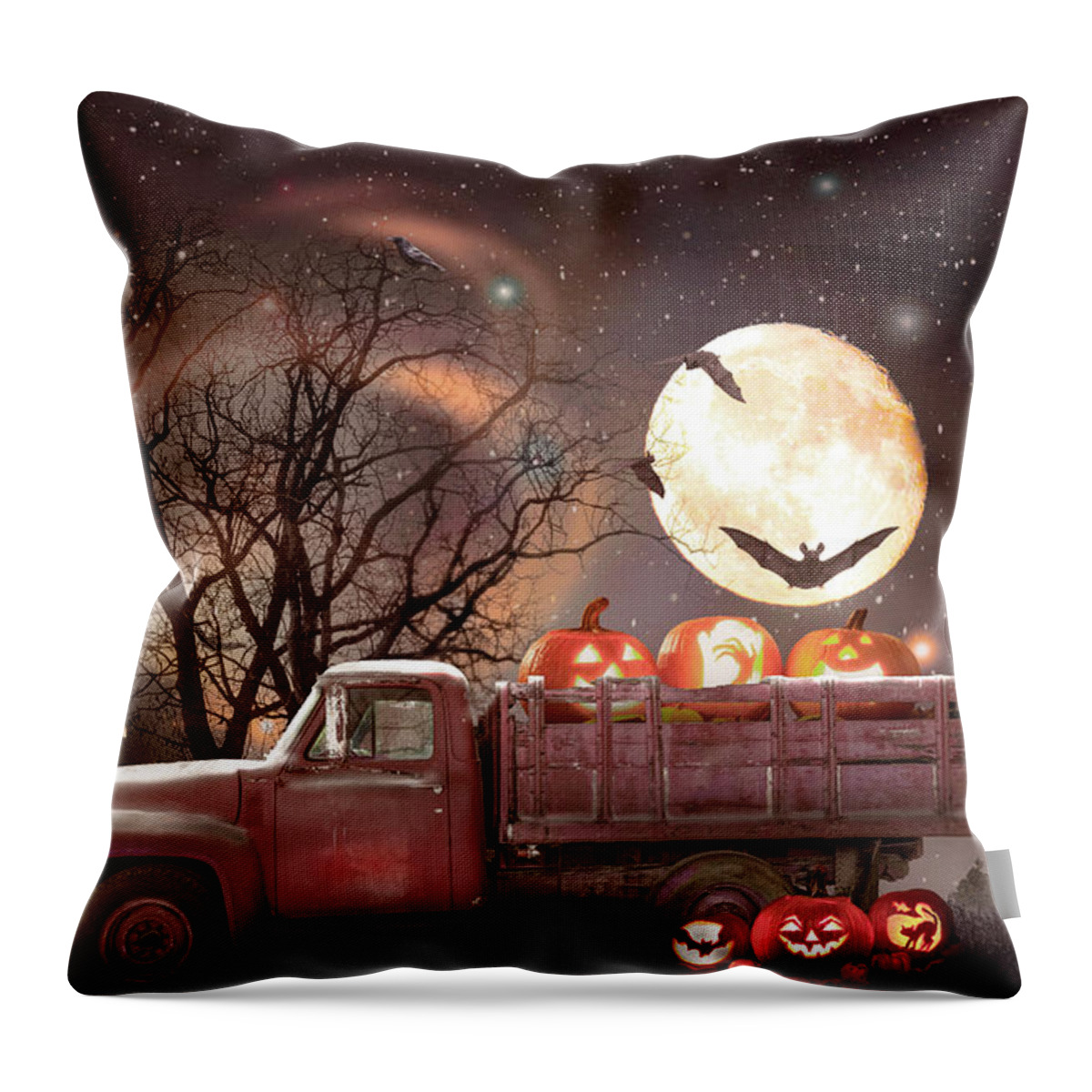 Truck Throw Pillow featuring the photograph Pumpkins under the Halloween Country Moon by Debra and Dave Vanderlaan