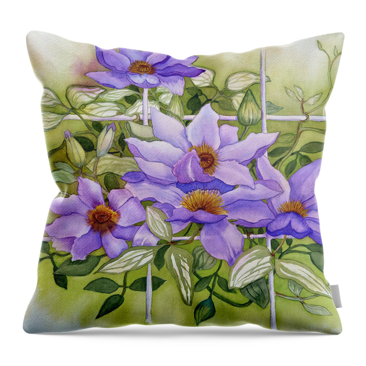 Flowers On Trellis Throw Pillow featuring the painting Purple Clematis Jackmanii On White Trellis by Deborah League
