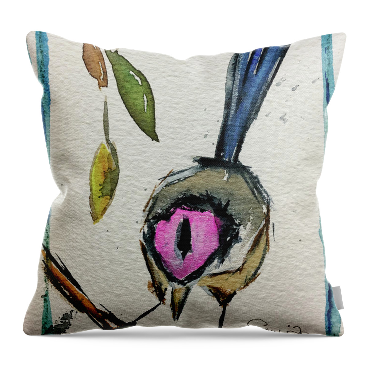 Grand Tit Throw Pillow featuring the painting Purple Crowned Fairy Wren by Roxy Rich