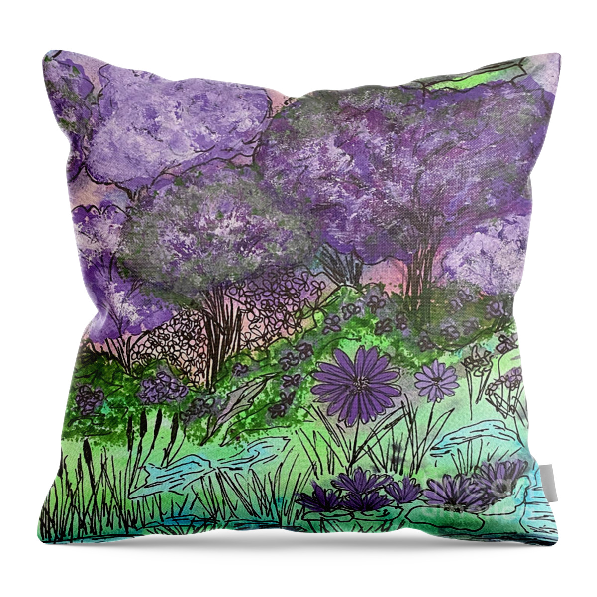 Purple Throw Pillow featuring the mixed media Purple Doodle Scene by Lisa Neuman
