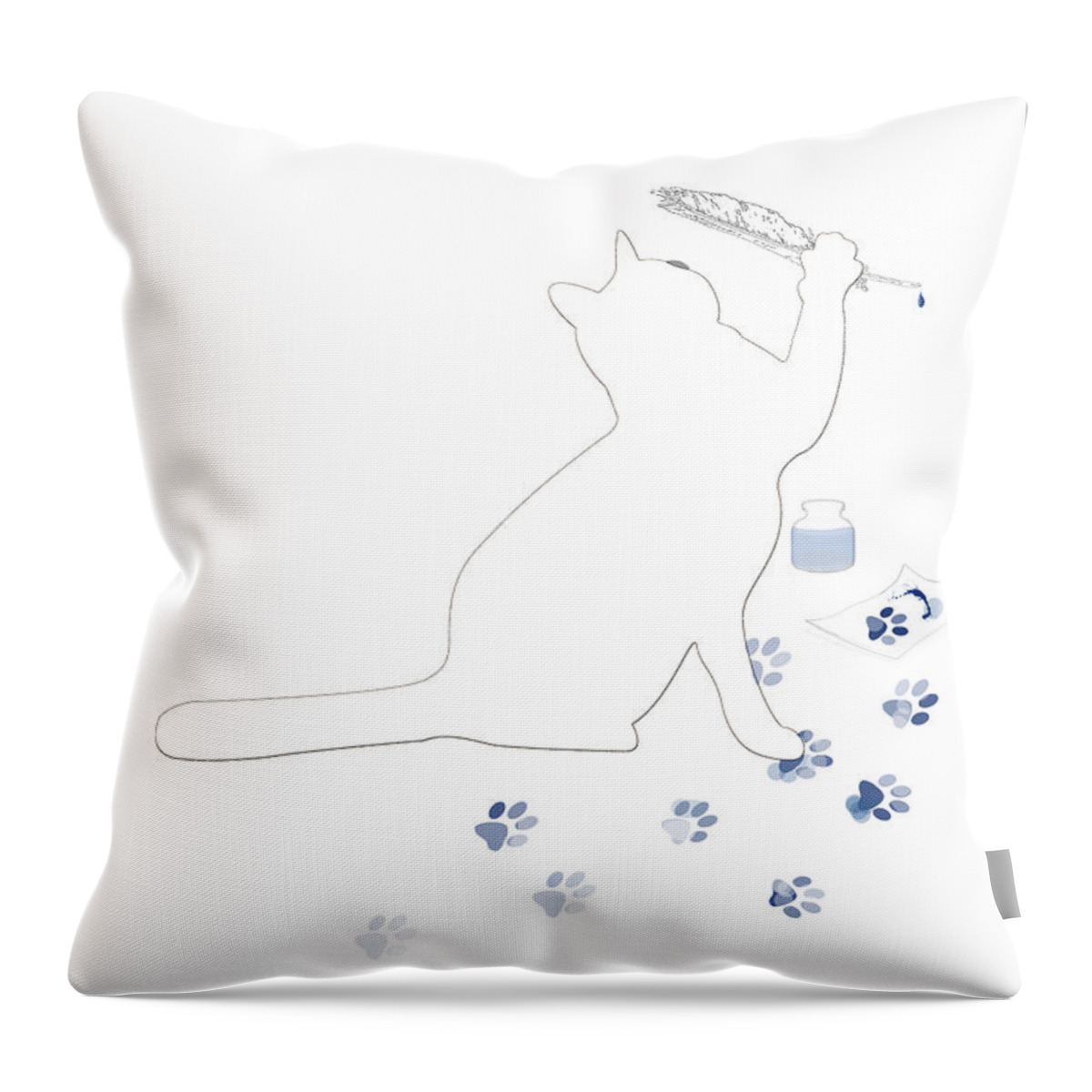 Cat Throw Pillow featuring the mixed media Putting Paw to Paper by Moira Law