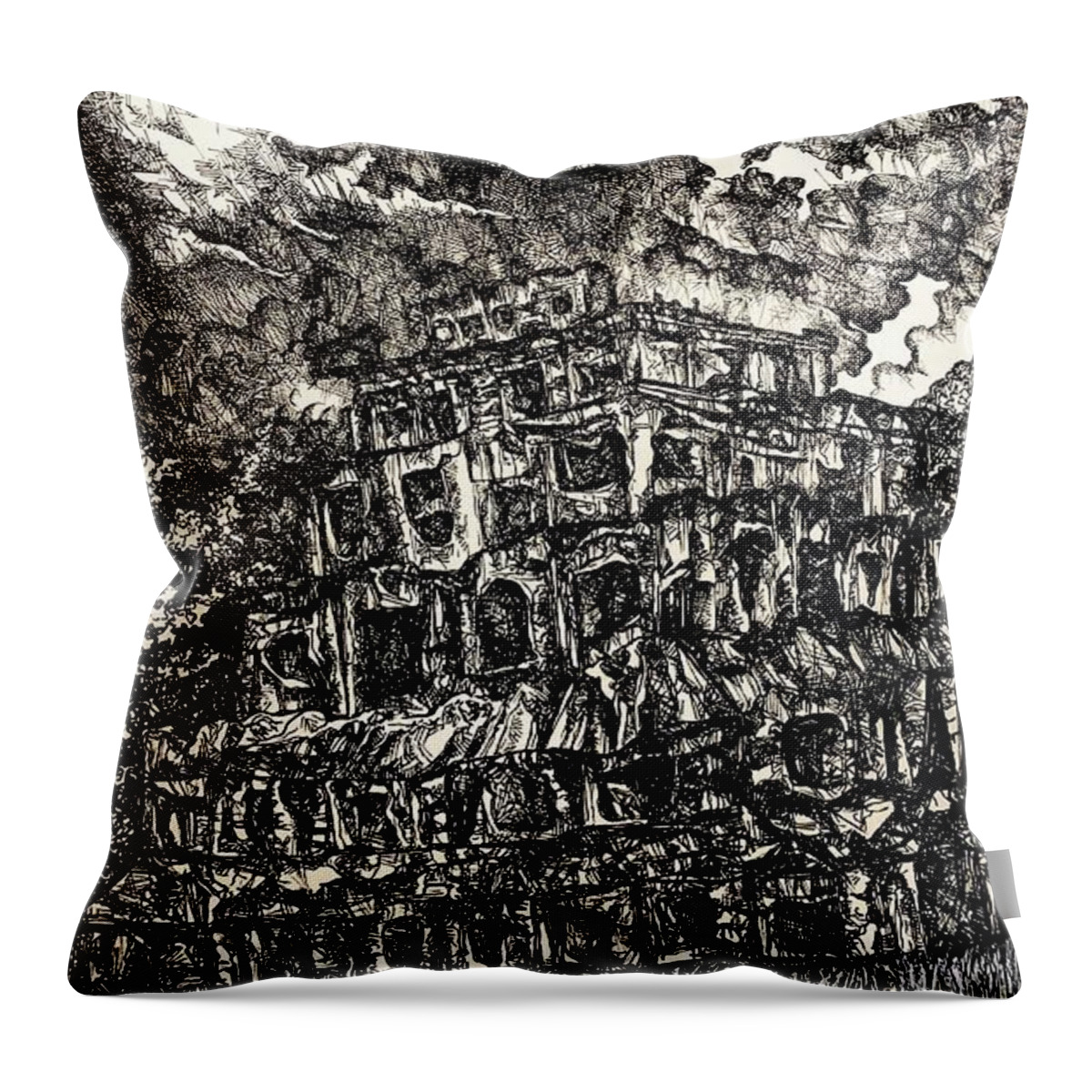 Pen And Ink Drawing Throw Pillow featuring the drawing Pyramid of the Seven Stories and The Fifth Sun by Angela Weddle