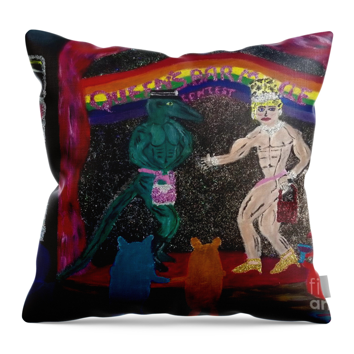 Lgbtq Throw Pillow featuring the painting Queens bar muscle contest by David Westwood