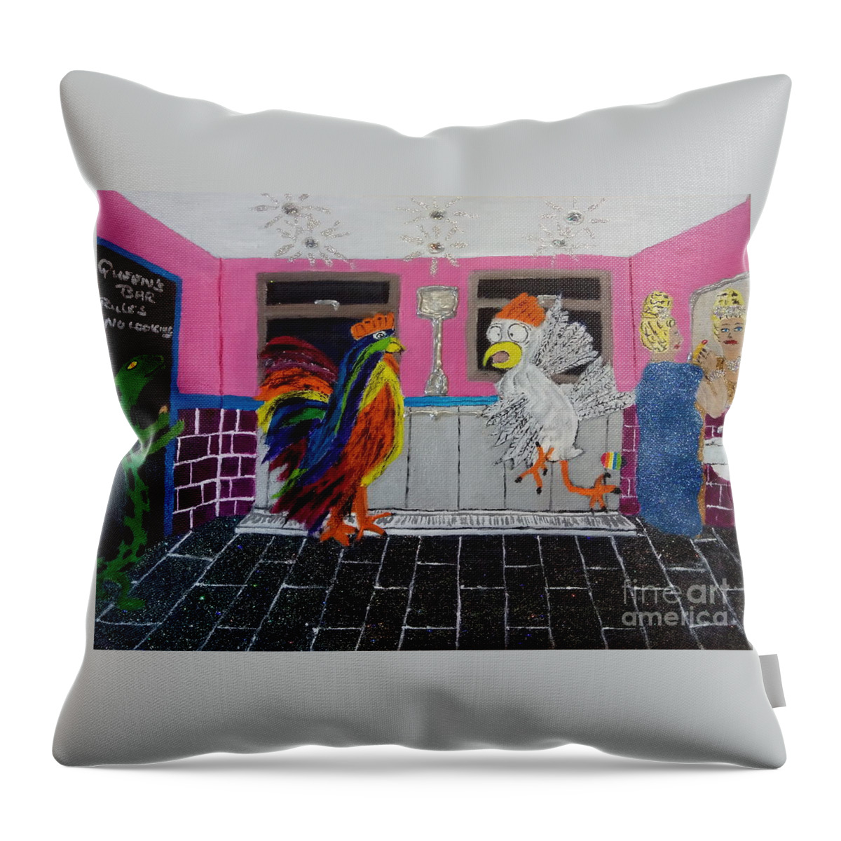 Lgbtq Throw Pillow featuring the painting Queens bar sweatbox rules by David Westwood