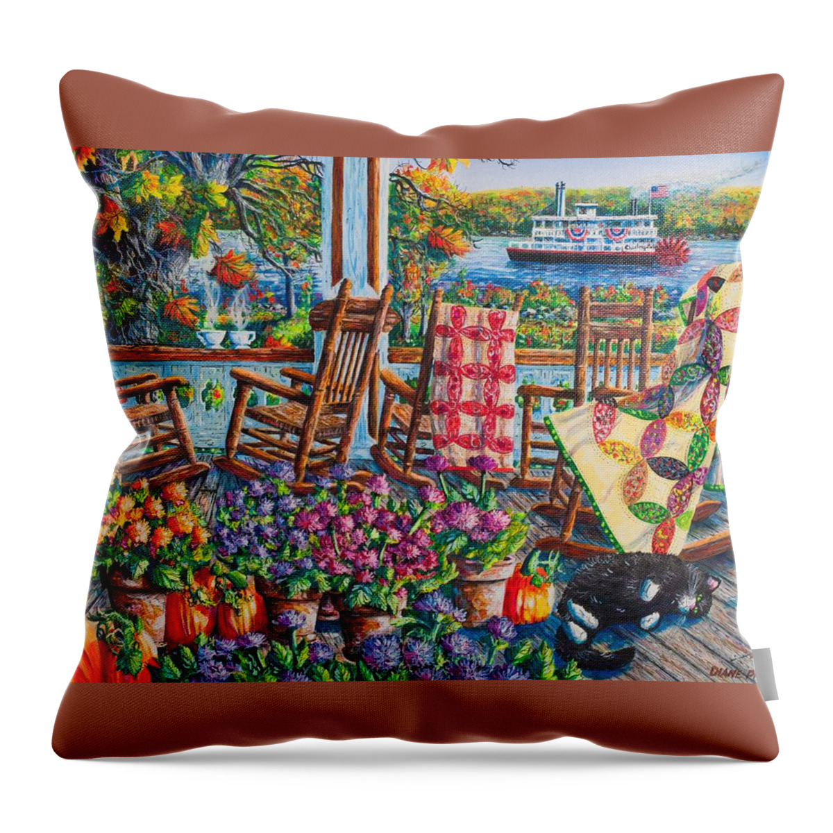 Autumn Throw Pillow featuring the painting Quilting Around Chautauqua by Diane Phalen