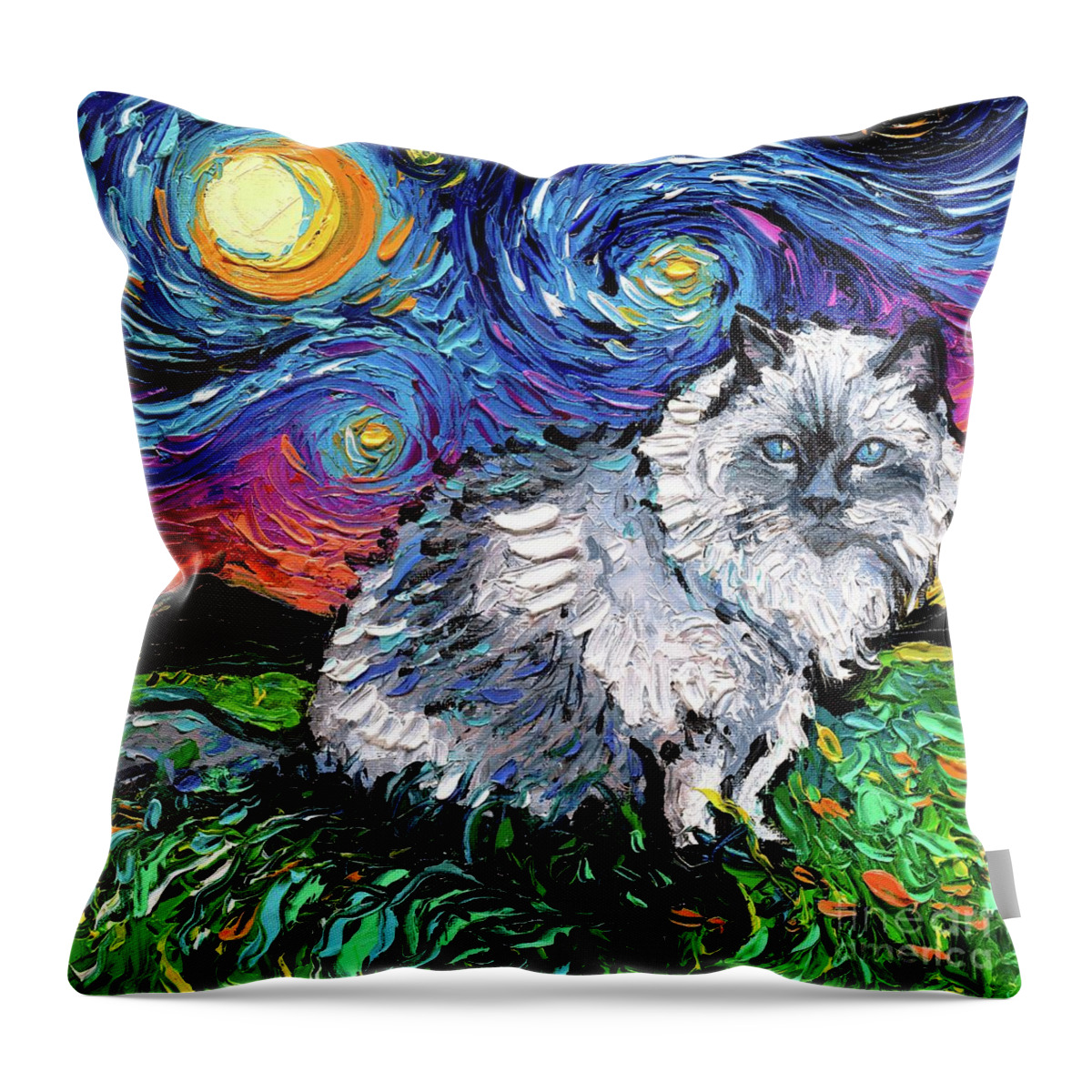 Rag Doll Cat Throw Pillow featuring the painting Ragdoll Night by Aja Trier