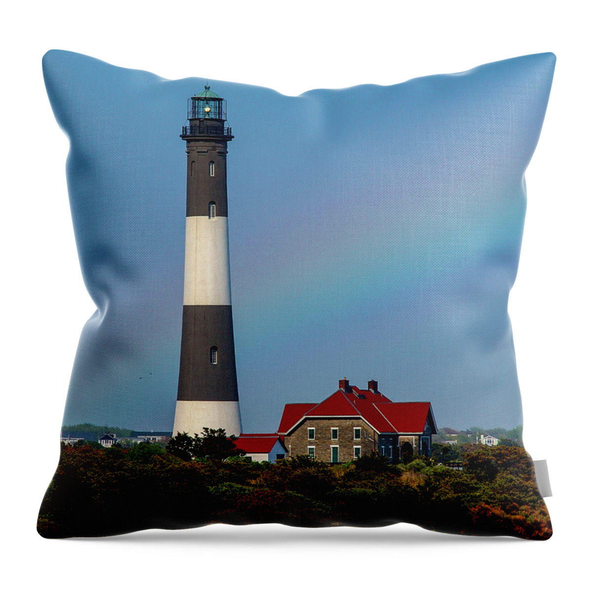 Lighthouse Throw Pillow featuring the photograph Rainbow At The Lighthouse by Cathy Kovarik