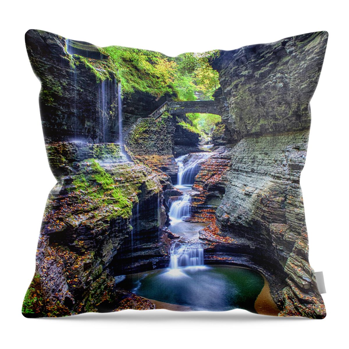 Nunweiler Throw Pillow featuring the photograph Rainbow Falls at Watkins Glen by Nunweiler Photography