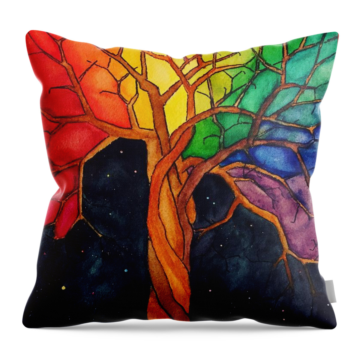 Rainbow Throw Pillow featuring the painting Rainbow Tree with Night Sky by Vonda Drees