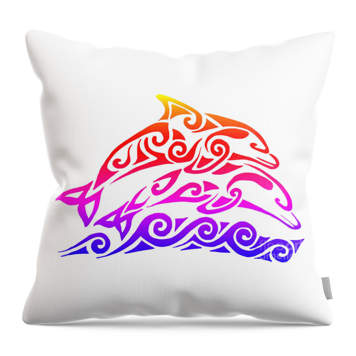 Dolphin Throw Pillow featuring the mixed media Rainbow Tribal Dolphins by Rebecca Wang