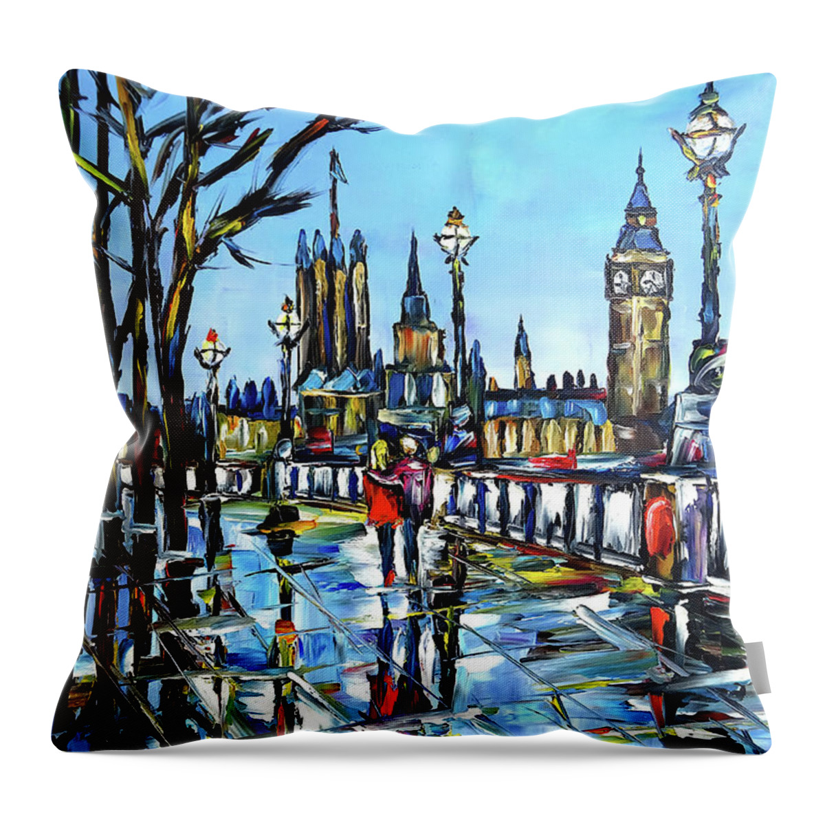 London In Autumn Throw Pillow featuring the painting Rainy Autumn Day In London by Mirek Kuzniar