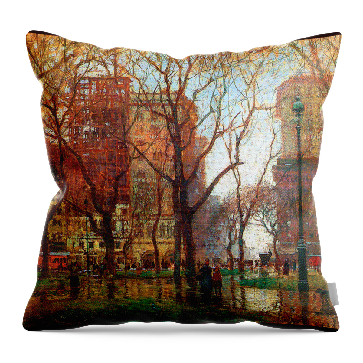 Cornoyer Throw Pillow featuring the painting Rainy Day Madison Square New York 1907 by Paul Cornoyer
