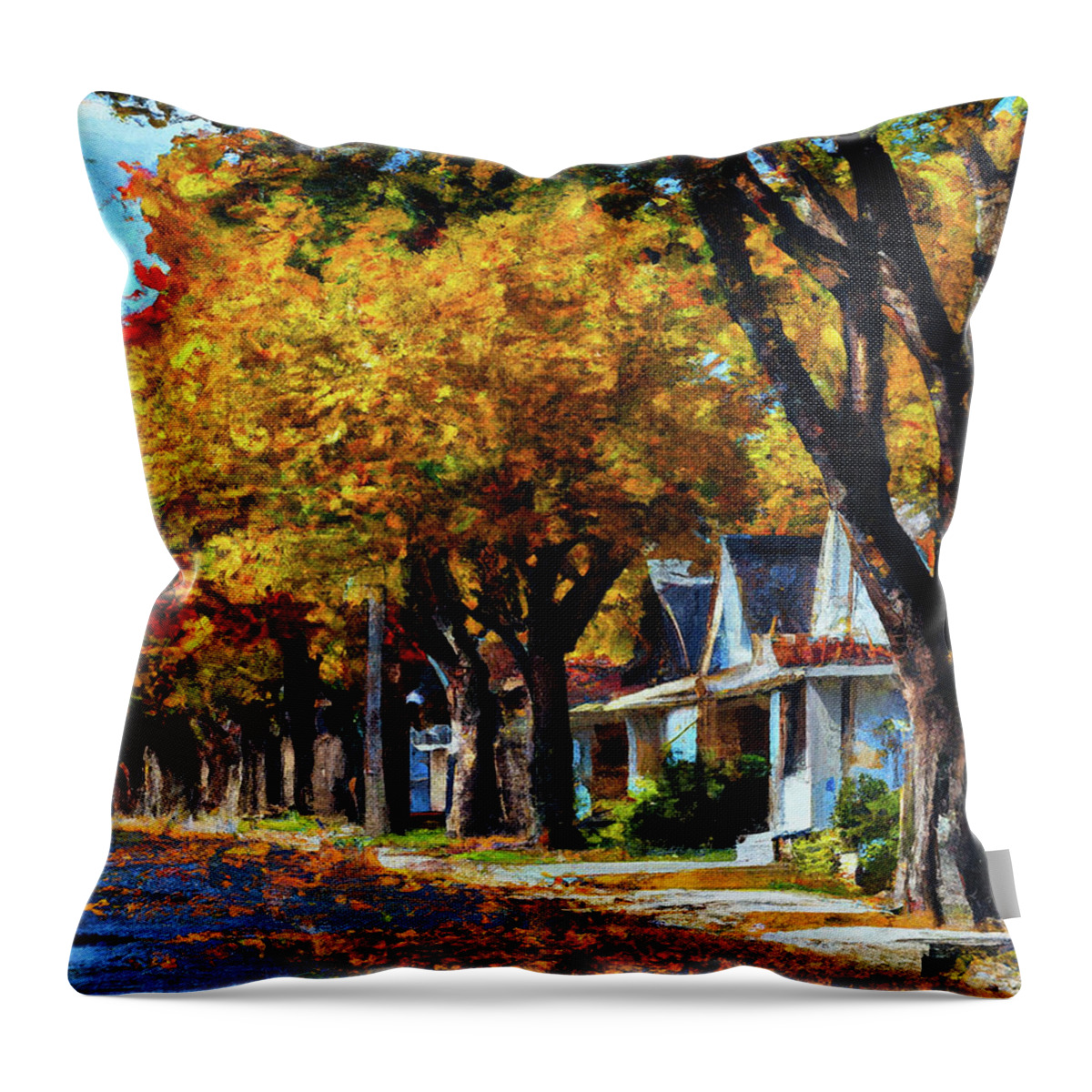 Row Of Houses Throw Pillow featuring the digital art Rainy October Day by Alison Frank