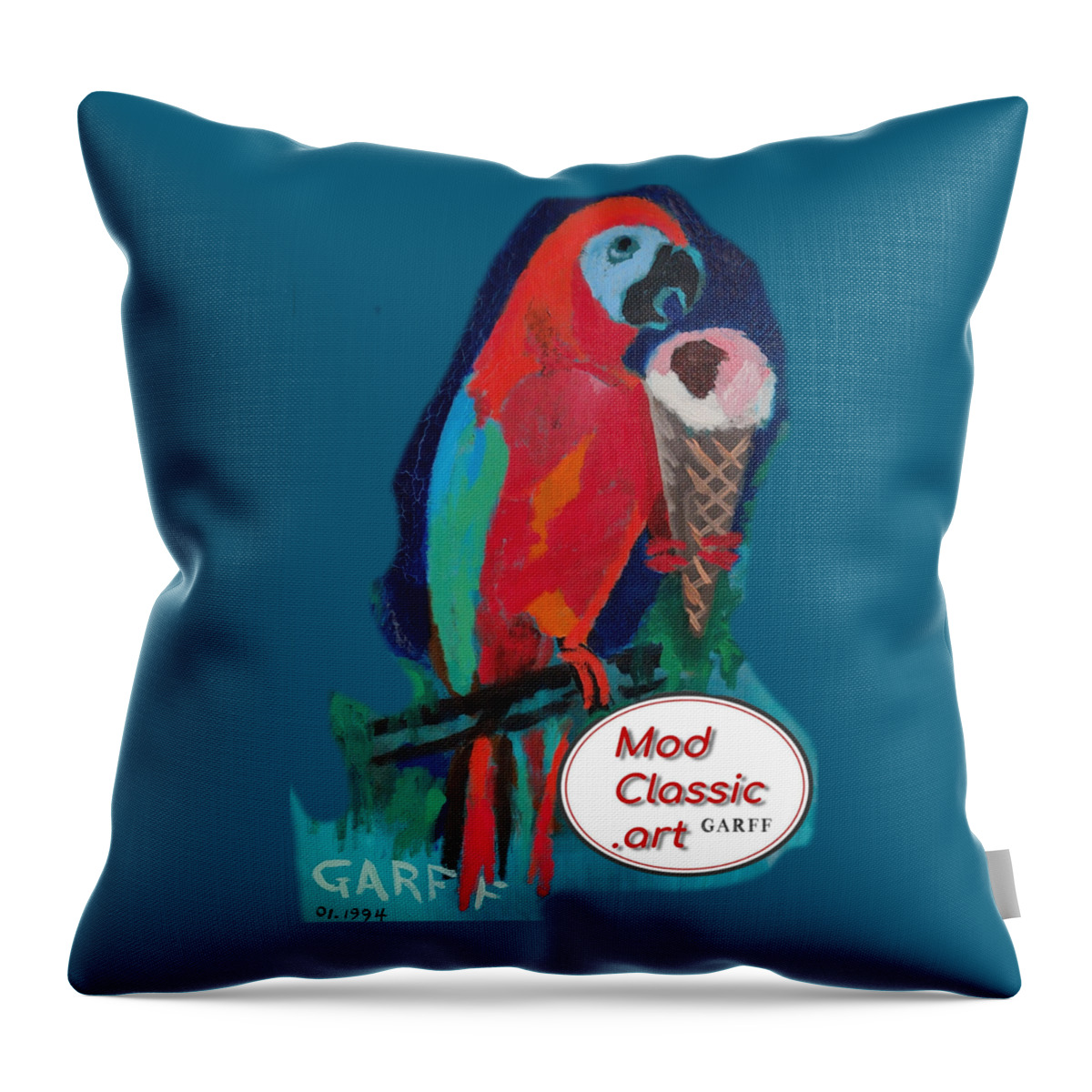 Parrot Throw Pillow featuring the painting Red Ara with Ice Cream ModClassic Art by Enrico Garff