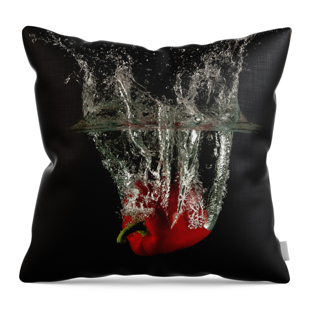 Pepper Throw Pillow featuring the photograph Red bell pepper dropped and slashing on water by Michalakis Ppalis