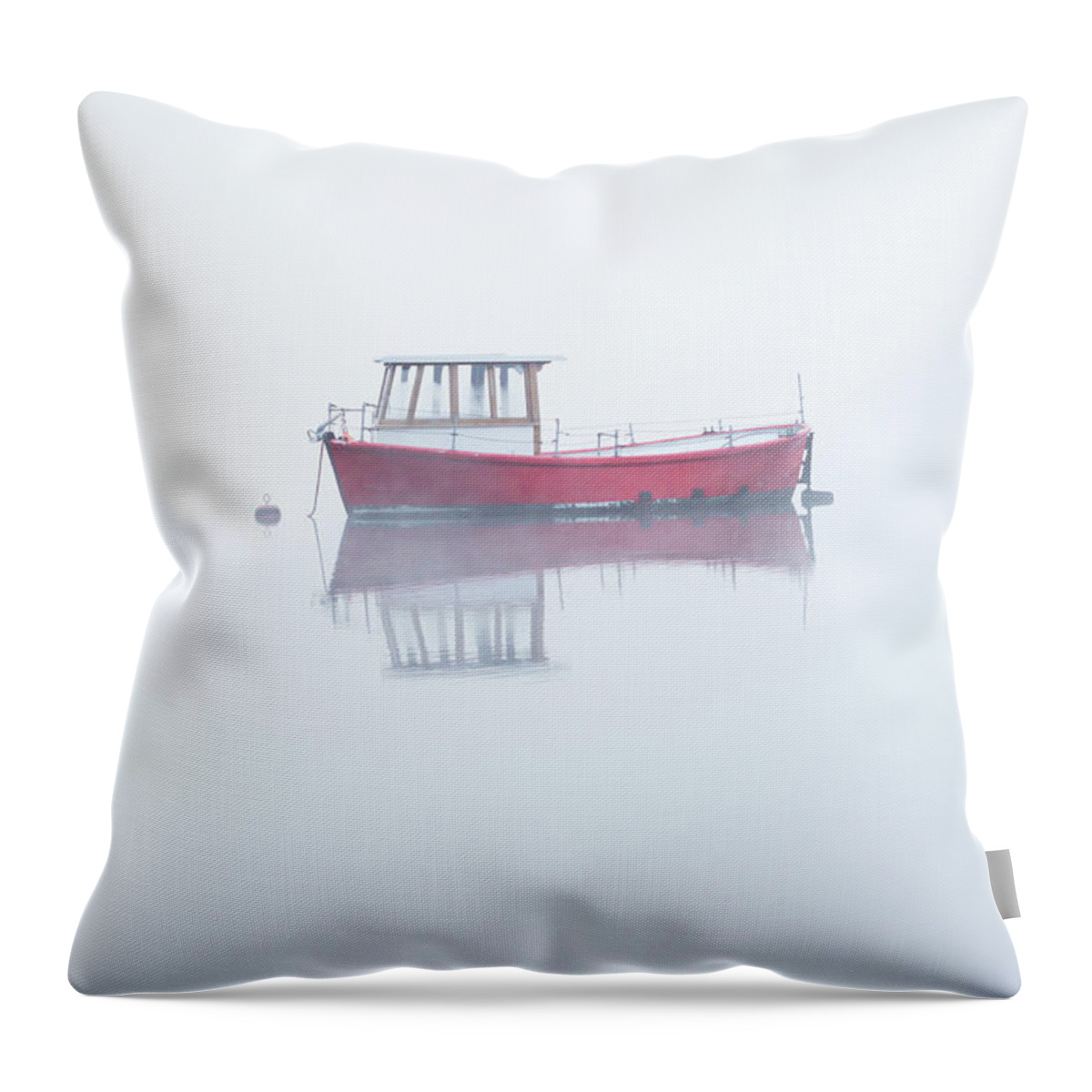 Red Boat Throw Pillow featuring the photograph Red Boat in the Mist, Coniston Water by Anita Nicholson
