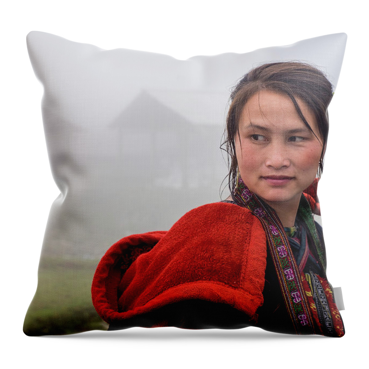 Black Throw Pillow featuring the photograph Red Hmong Lady by Arj Munoz