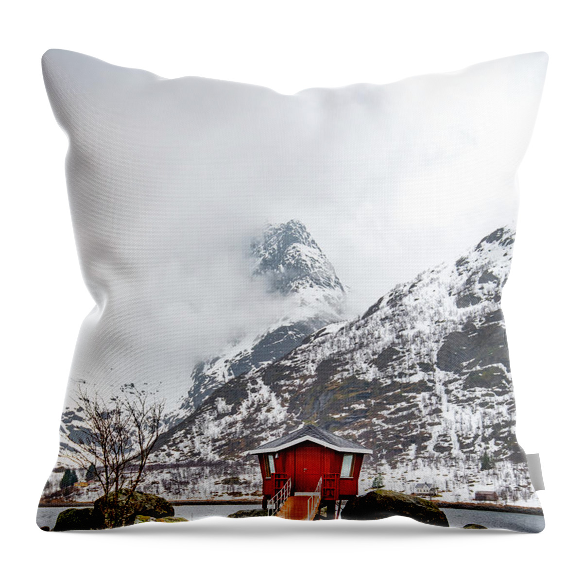 #norway #lofoten #landscape #nature #cabin #mountain #outdoor #snow Throw Pillow featuring the photograph Red Hot Spot by Philippe Sainte-Laudy