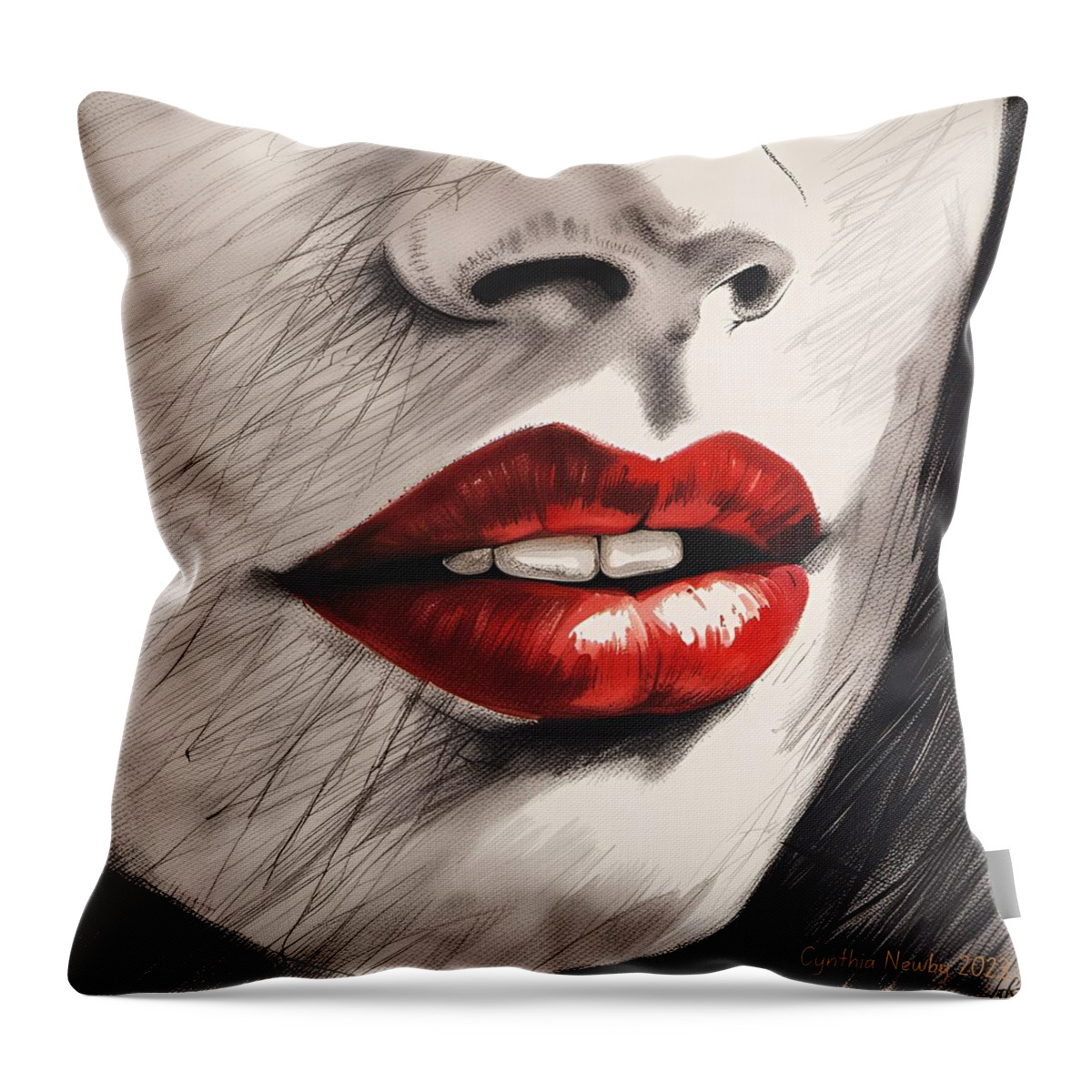 Newby Throw Pillow featuring the digital art Red Lips by Cindy's Creative Corner