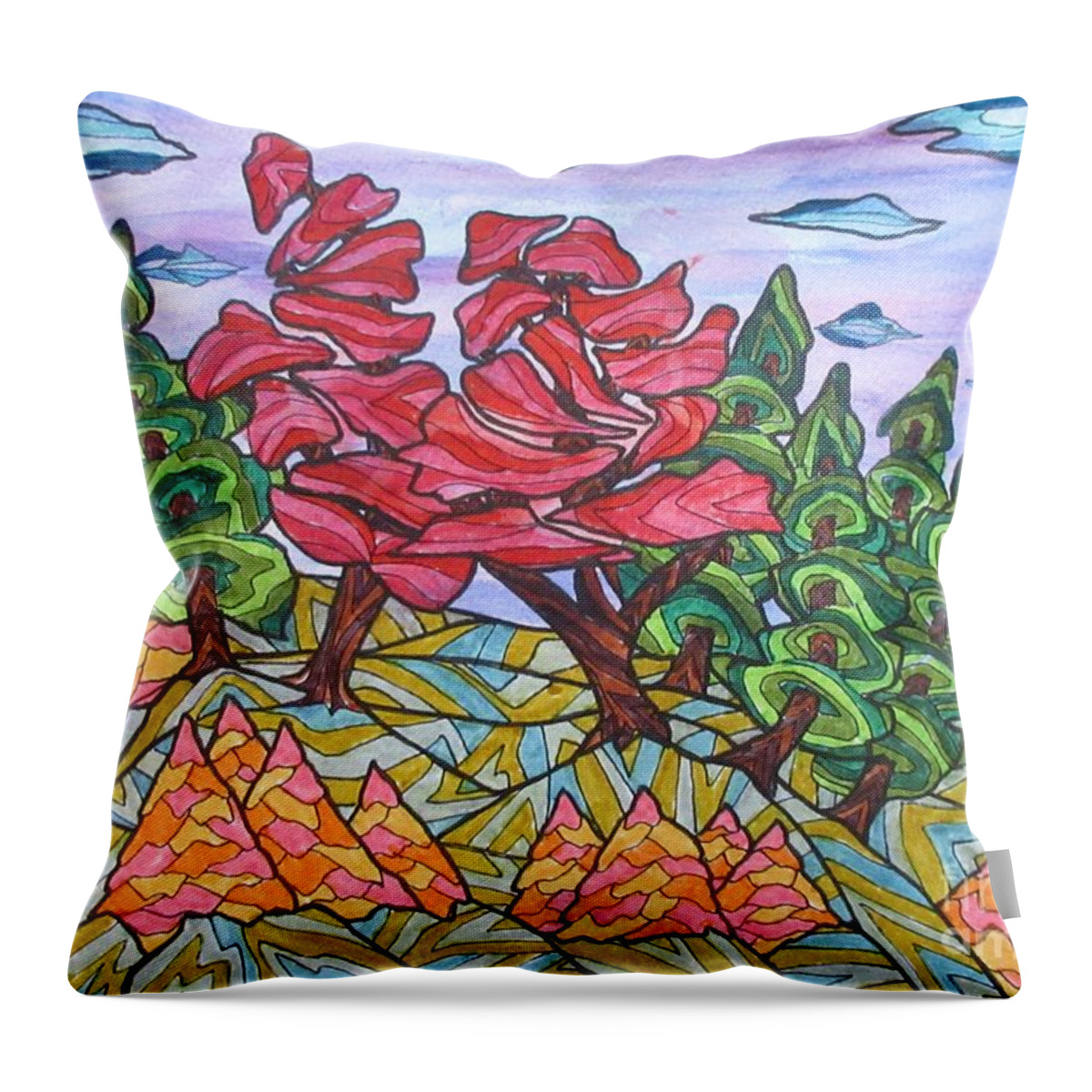 Trees Tree Landscape Abstract Ontario Canada Decor Decrotive Office Group Of Seven Red Mask Pillow Cushion Outdoors Woods Forrest Throw Pillow featuring the painting Red Maple Ridge by Bradley Boug