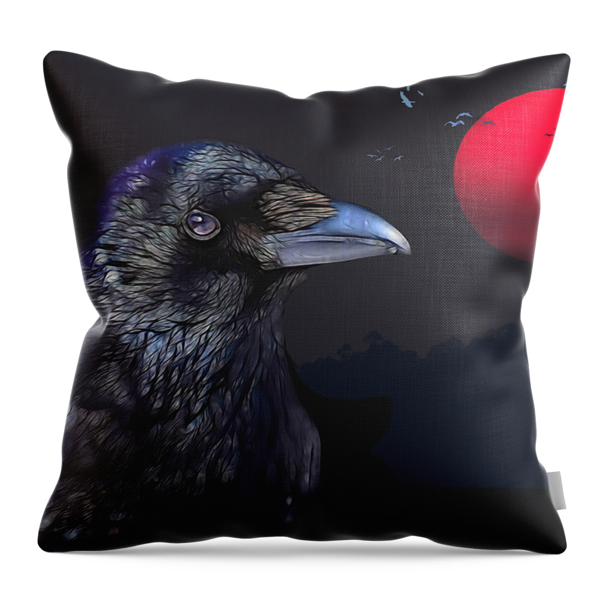 Raven Throw Pillow featuring the digital art Red Moon Raven by Theresa Tahara