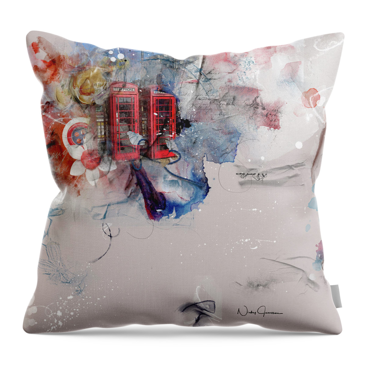 London Throw Pillow featuring the mixed media Red Phones at Charing Cross by Nicky Jameson