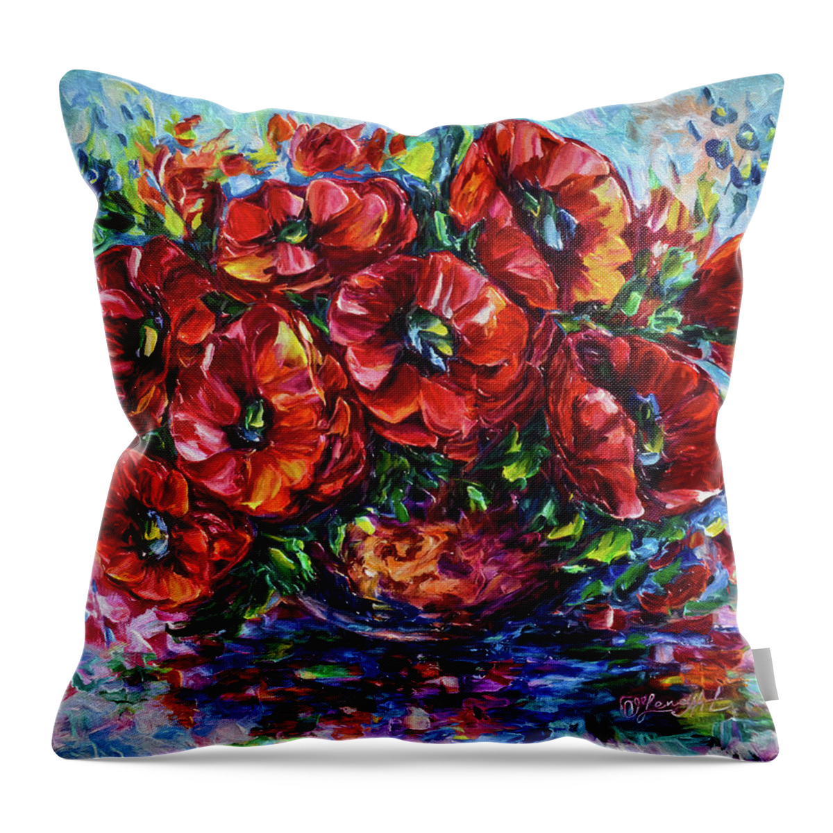  #flowers Throw Pillow featuring the painting Red Poppies In A Vase by O Lena
