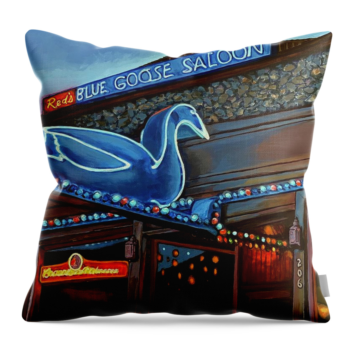Blue Goose Saloon Throw Pillow featuring the painting Reds Blue Goose Saloon by Les Herman
