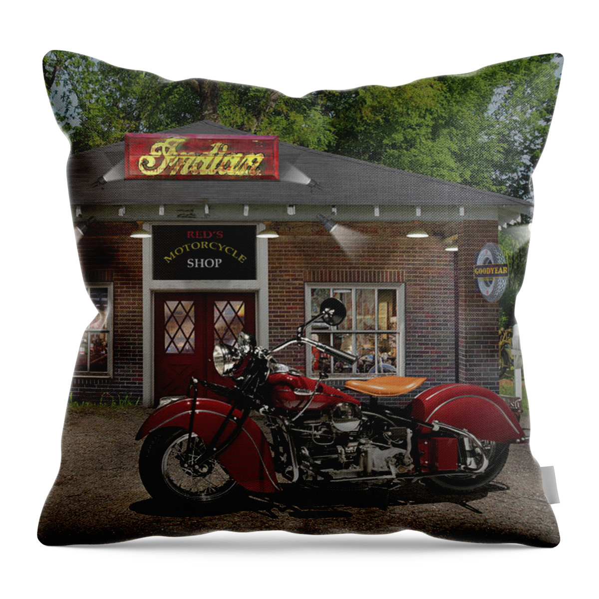 Indian Motorcycles Throw Pillow featuring the photograph Reds Motorcycle Shop C by Mike McGlothlen