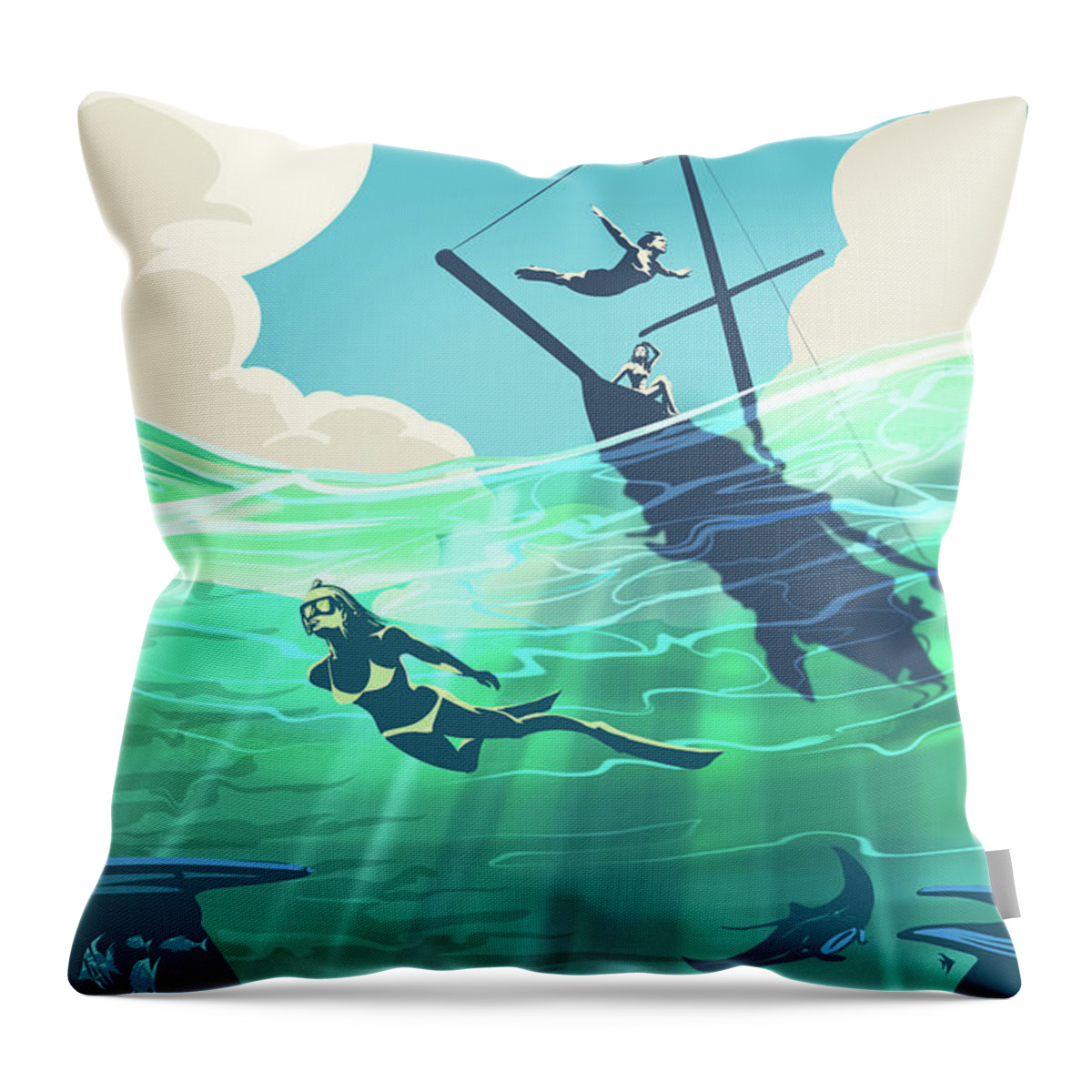Reef Throw Pillow featuring the painting Reef Diver by Sassan Filsoof