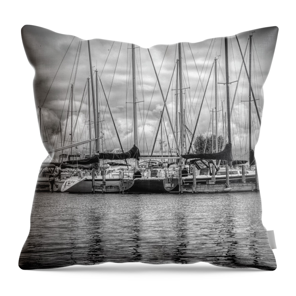 Boats Throw Pillow featuring the photograph Reflections and Boats at the Harbor in Black and White by Debra and Dave Vanderlaan