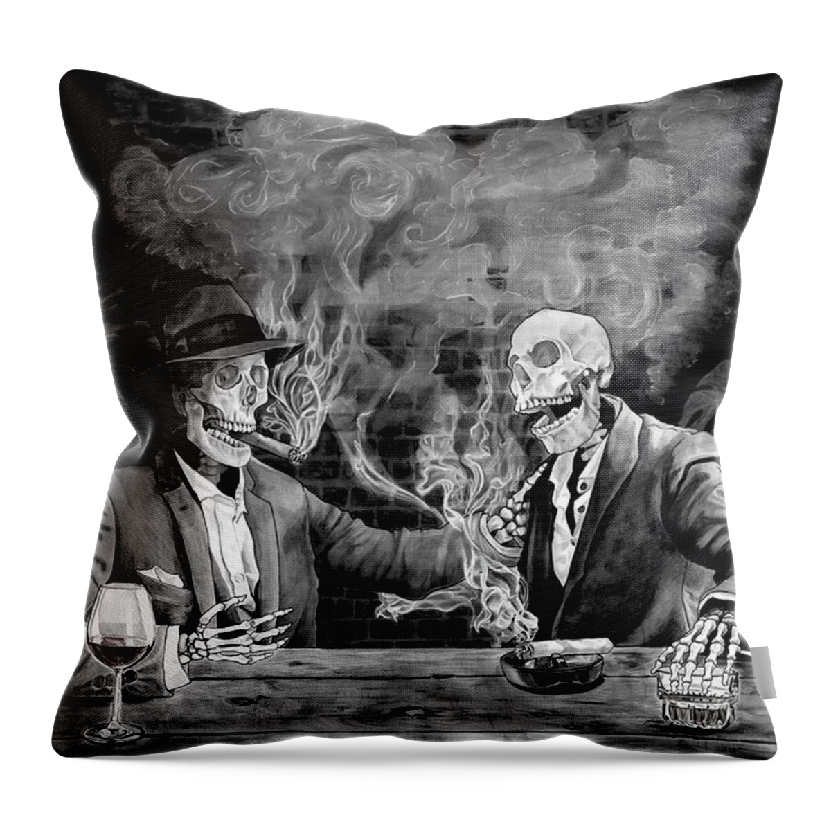 Skull. Skeleton Throw Pillow featuring the painting Remember When - black and white by Tiffany DiGiacomo