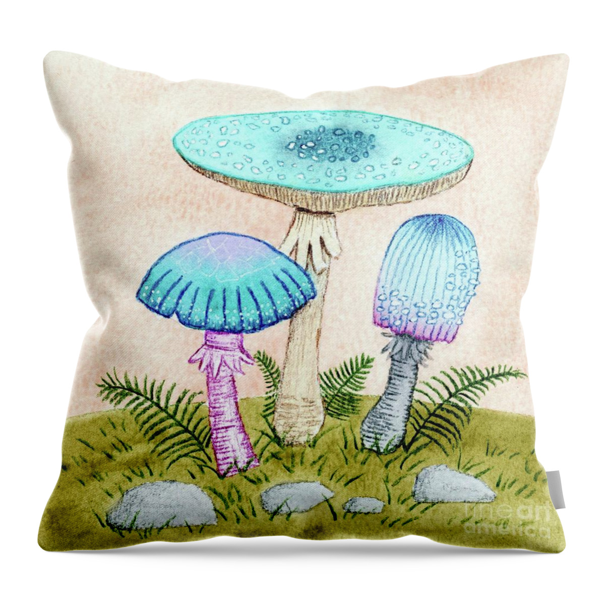 Retro Mushrooms Throw Pillow featuring the painting Retro Mushrooms 2 by Donna Mibus