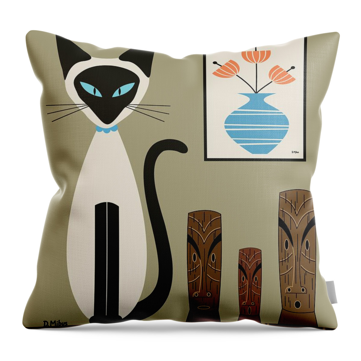 Mid Century Cat Throw Pillow featuring the digital art Retro Siamese with Tikis by Donna Mibus