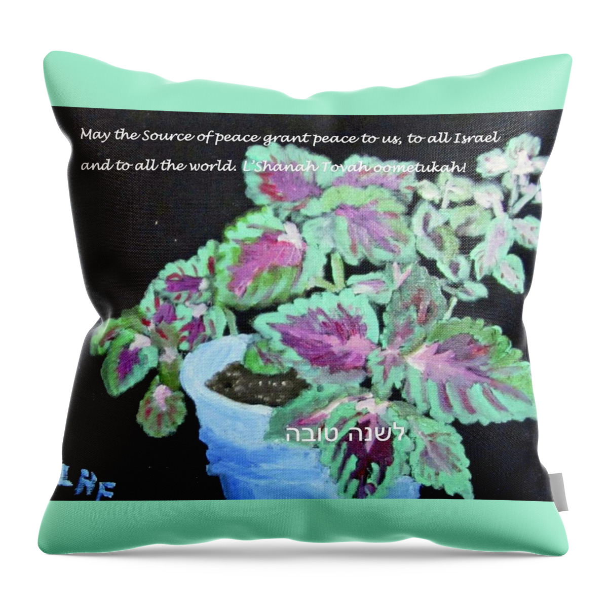 Rosh Hashanah Throw Pillow featuring the painting RH card with coleus 5782 by Linda Feinberg
