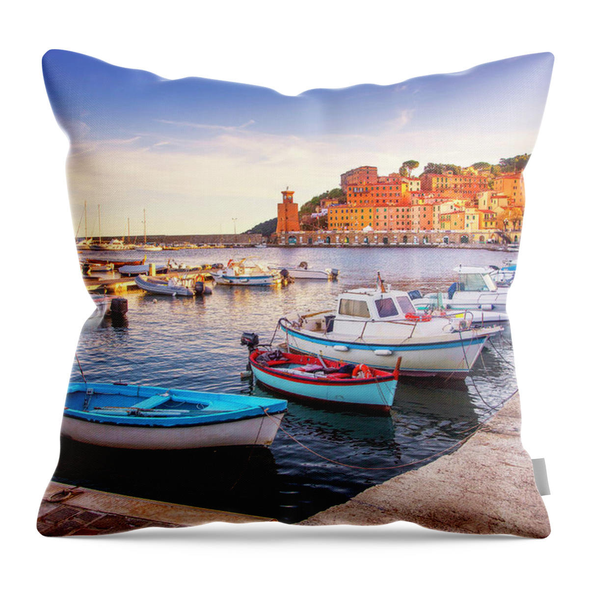 Elba Throw Pillow featuring the photograph Rio Marina boats and lighthouse. Elba island by Stefano Orazzini