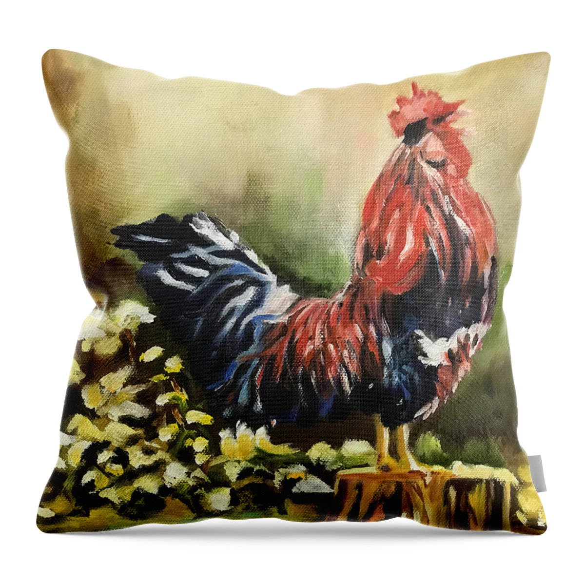 Colorful Rooster Throw Pillow featuring the painting Rise and Shine by Juliette Becker
