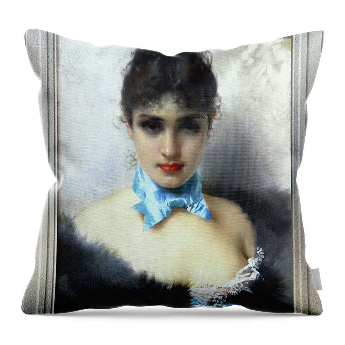 Portrait Of An Elegant Woman Throw Pillow featuring the painting Ritratto Di Donna Elegante by Vittorio Matteo Corcos Classical Art Old Masters Reproduction by Rolando Burbon