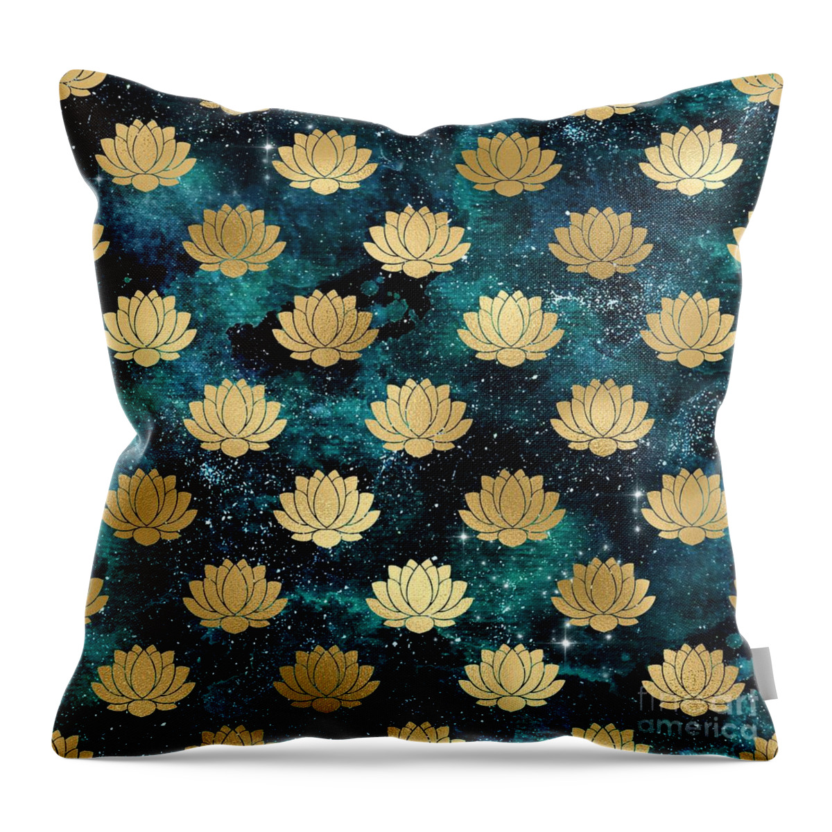 Watercolor Throw Pillow featuring the digital art Rivala - Teal Gold Watercolor Lotus Galaxy Dharma Pattern by Sambel Pedes
