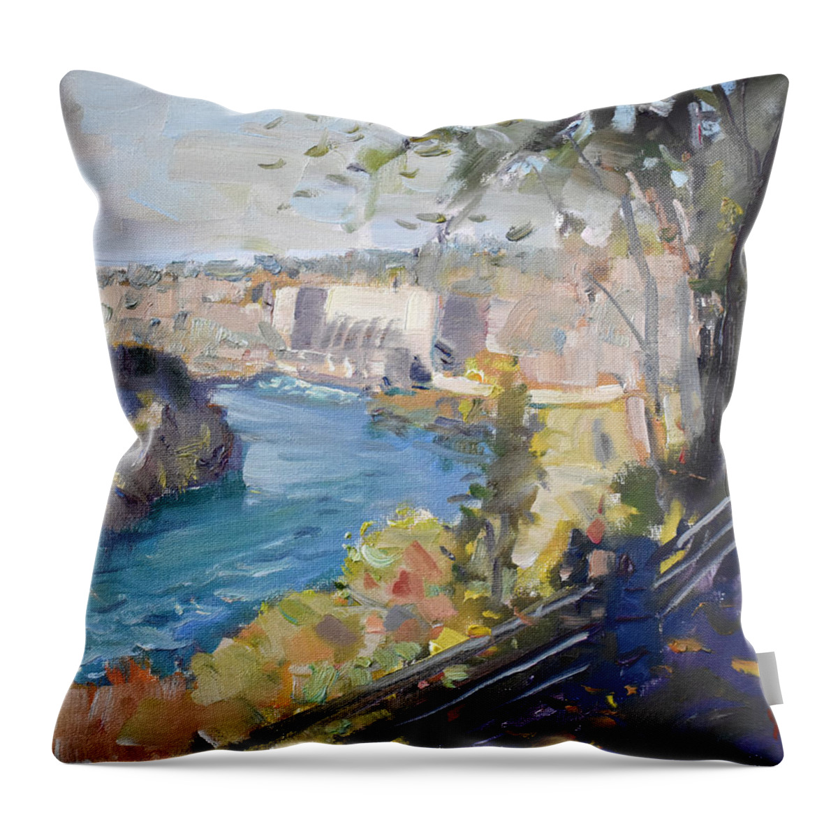 Niagara Gorge Throw Pillow featuring the painting Robert Moses Niagara Hydroelectric Power Station by Ylli Haruni