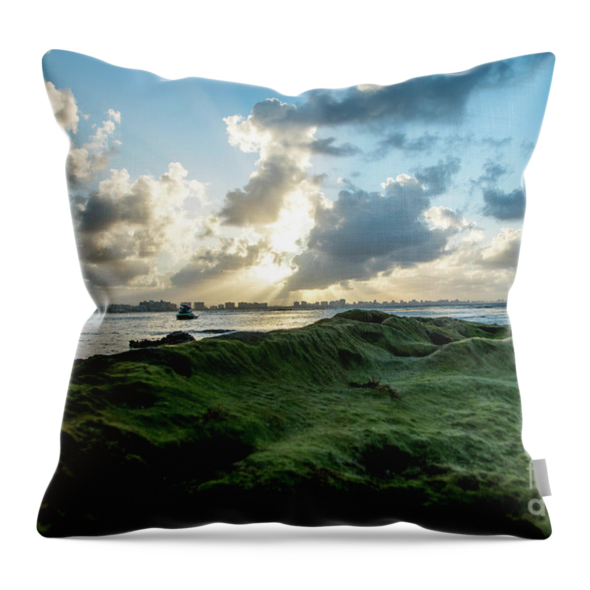 Piñones Throw Pillow featuring the photograph Rocks Covered in Moss at Sunset, Pinones, Puerto Rico by Beachtown Views